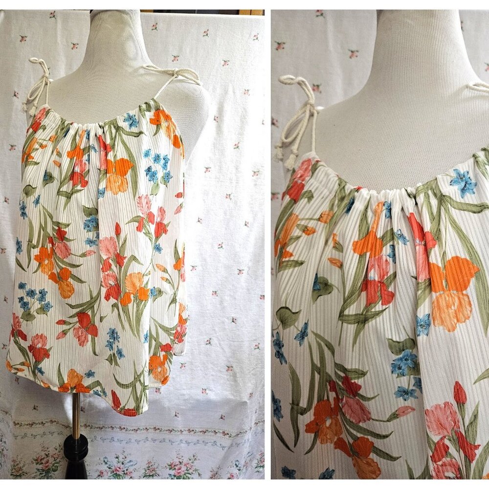 Size L Tie Shoulder Loose Top White Floral NWT